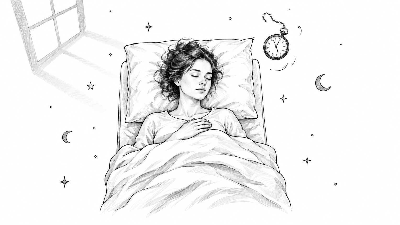 A pencil sketch of a young woman sleeping peacefully in bed with a floating pocket watch nearby.