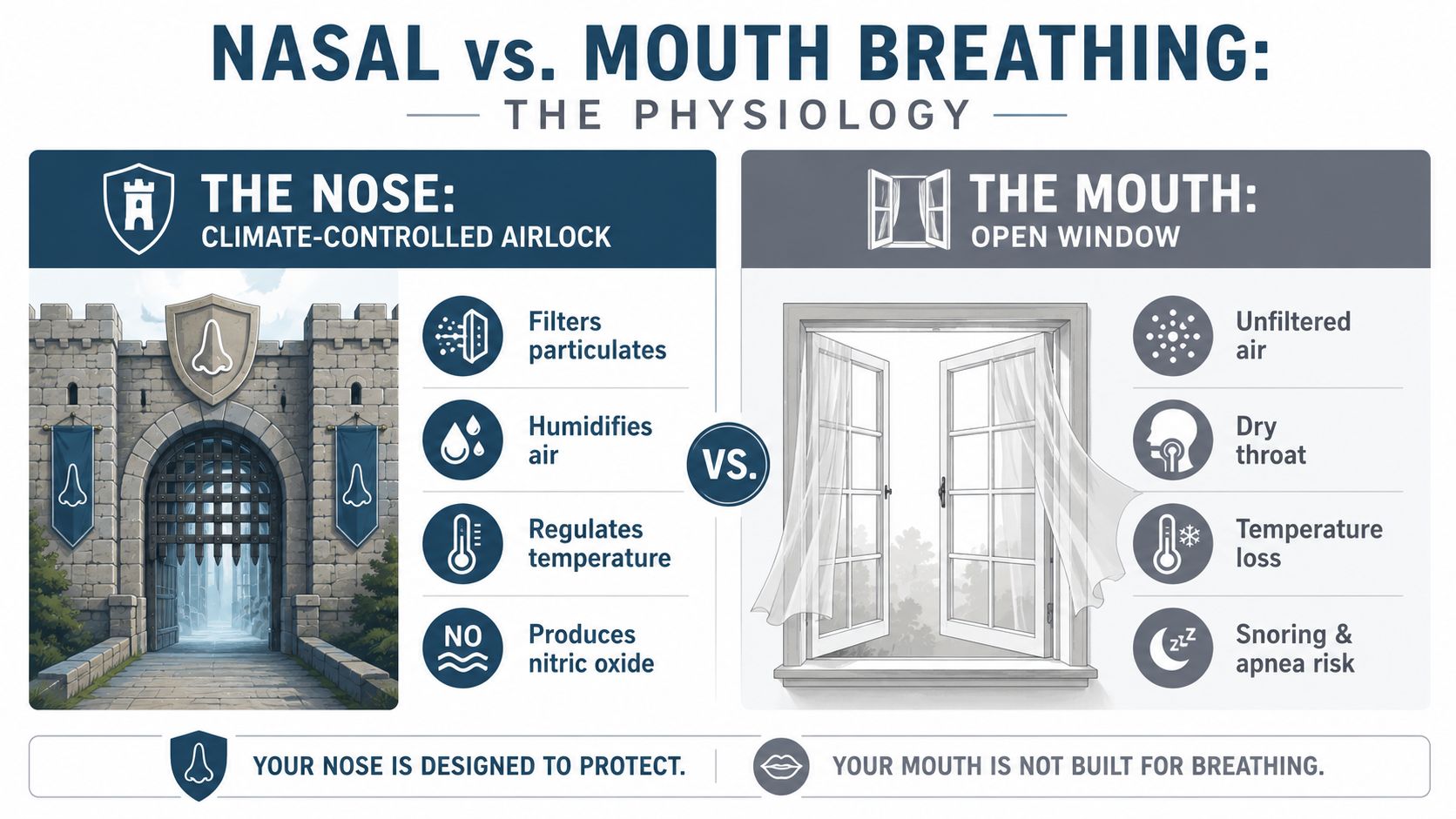 An educational infographic comparing the physiological benefits of nasal breathing against the drawbacks of mouth breathing.