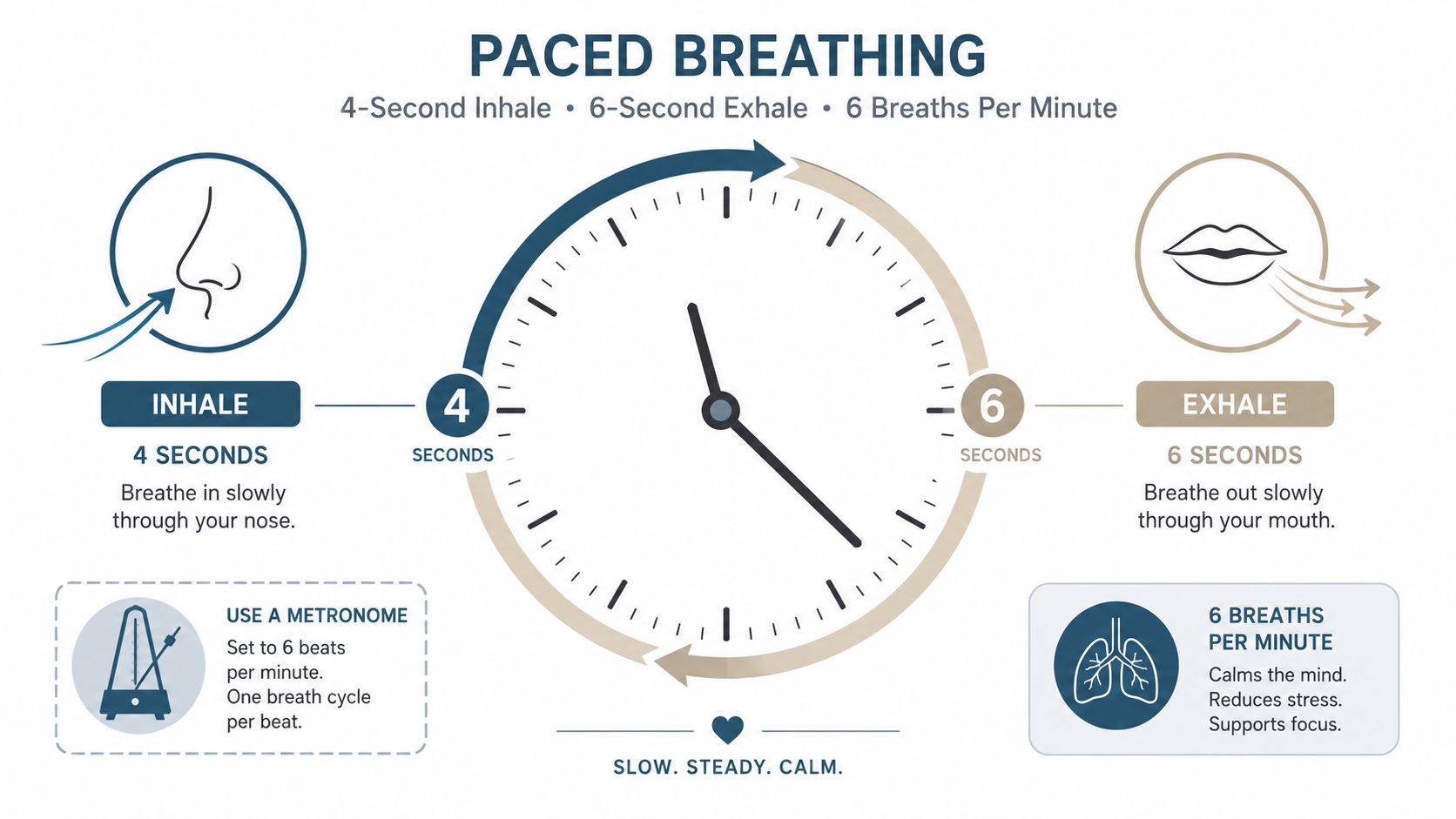 A visual guide for paced breathing with a clock timer showing a 4-second inhale and 6-second exhale.