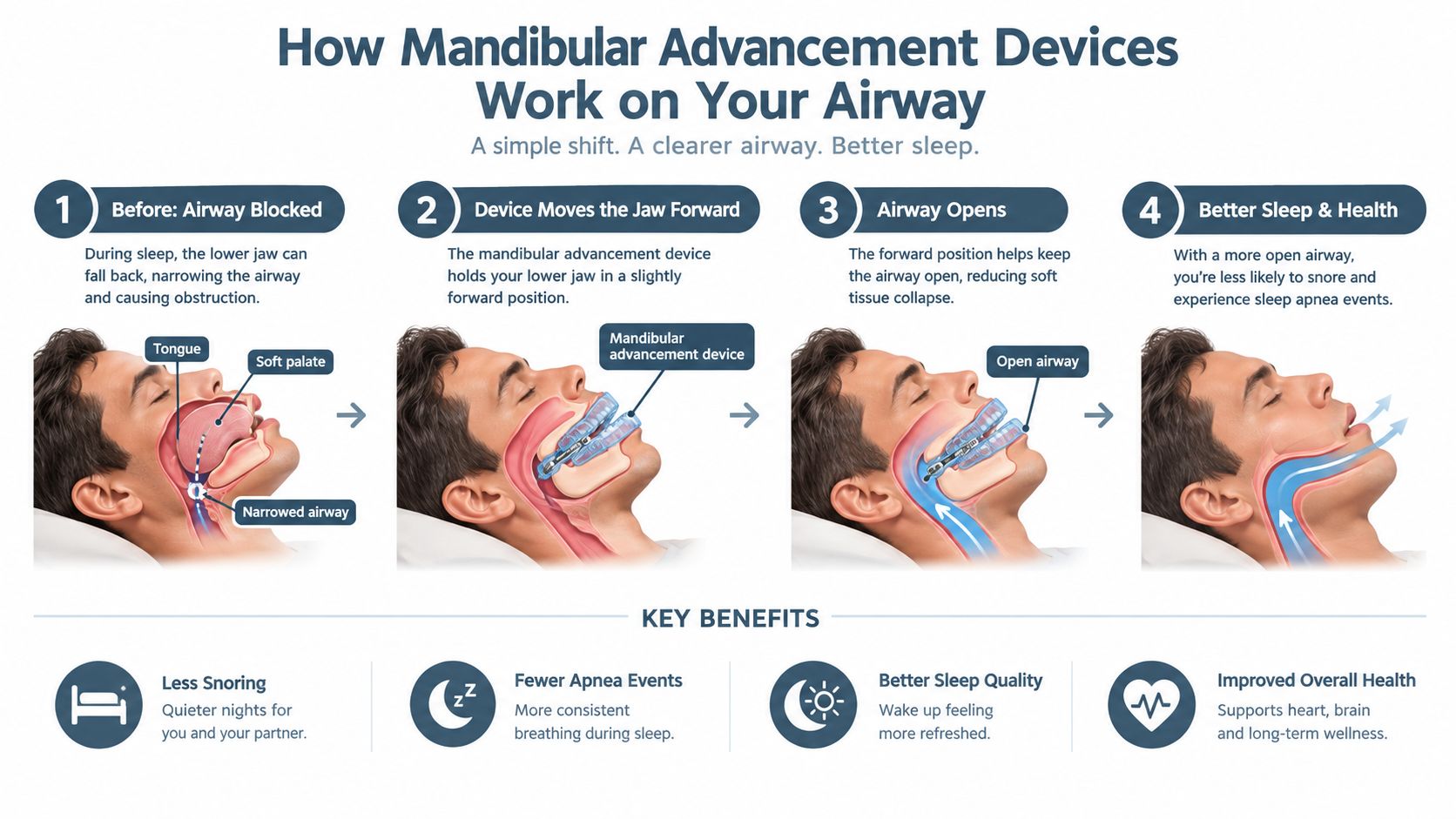 An infographic showing how a mandibular advancement device keeps the airway open to improve sleep quality.