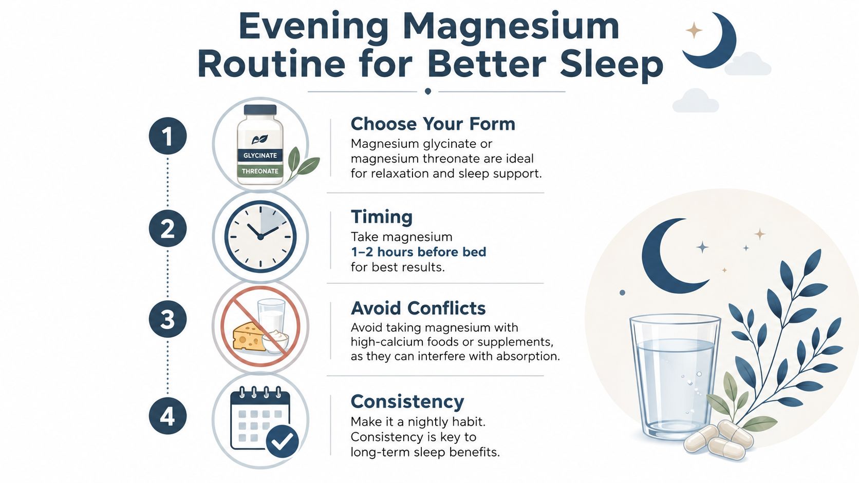 A four-step infographic illustrating a nightly magnesium supplement routine for improving sleep quality and health.