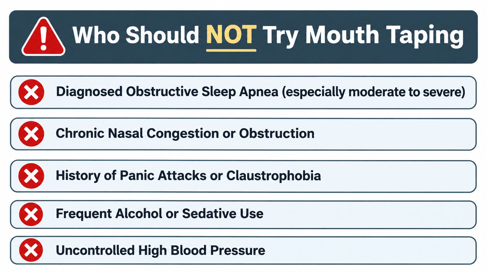 A safety infographic titled Who Should NOT Try Mouth Taping, listing five contraindications for the practice.