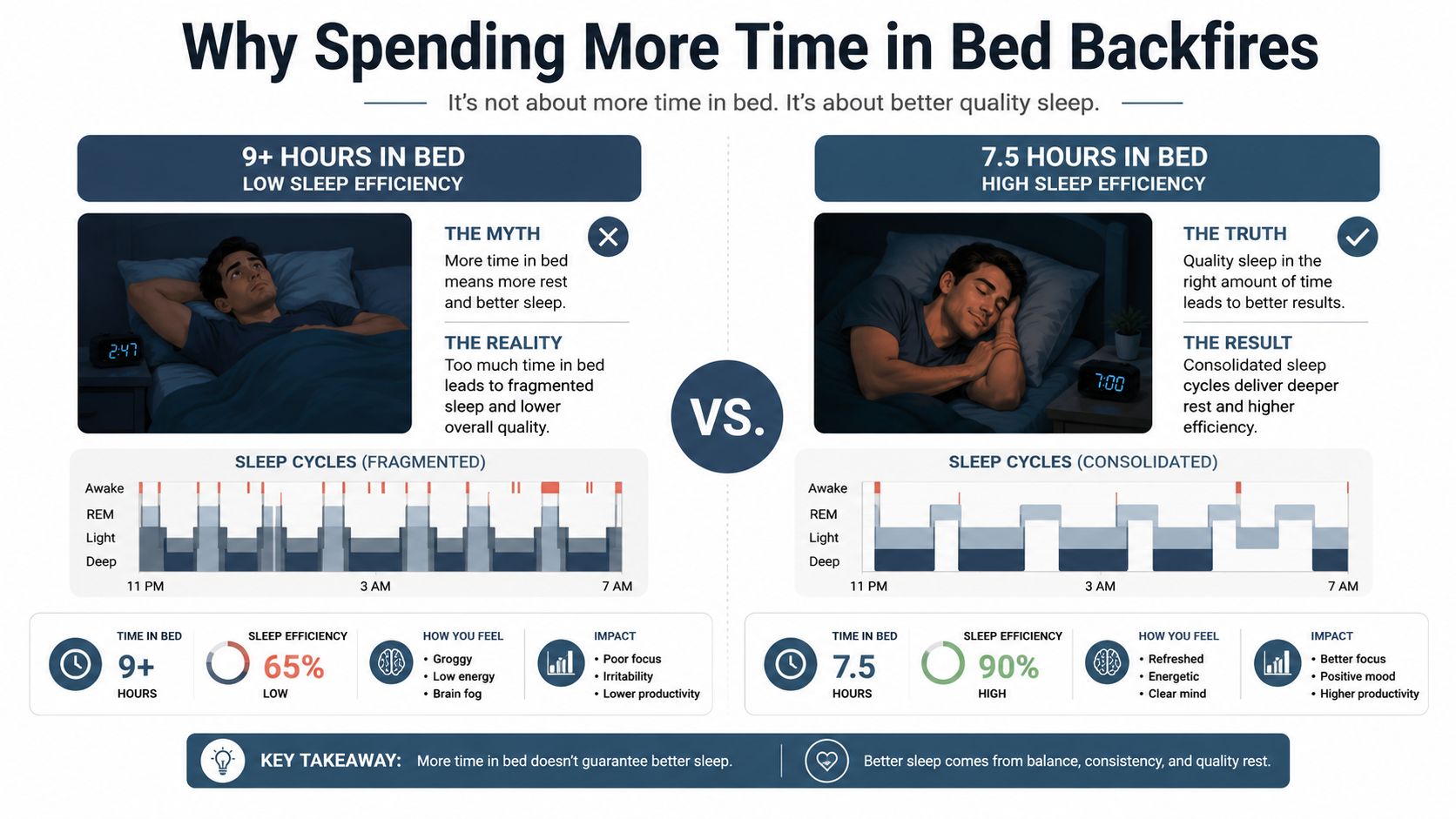 An infographic comparing 9+ hours in bed with fragmented sleep versus 7.5 hours with consolidated high-quality sleep.