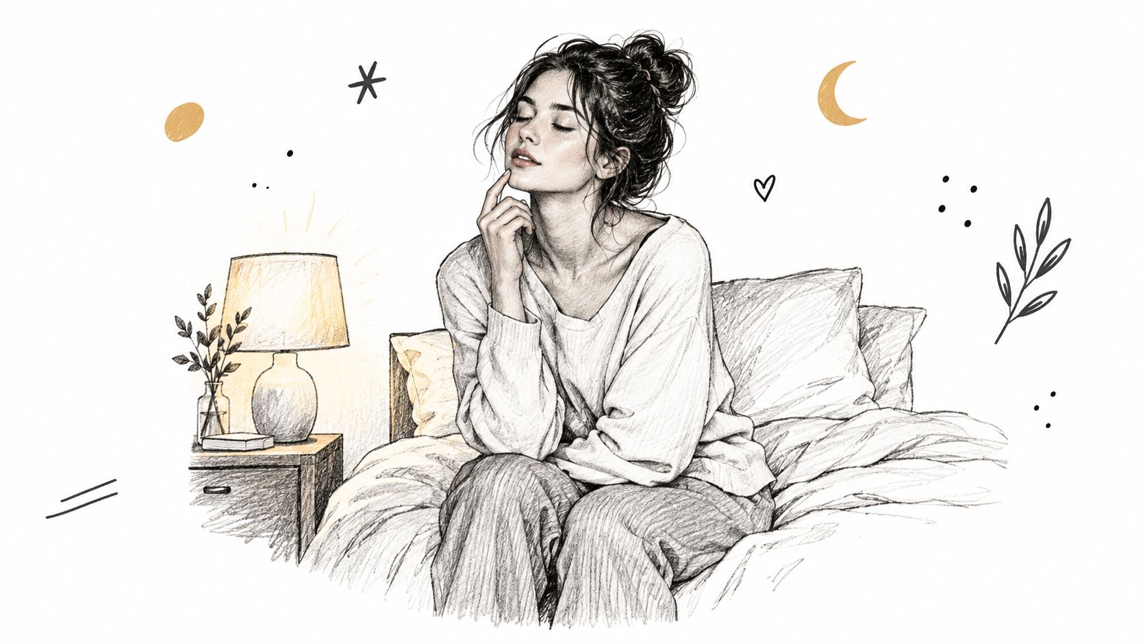 A pencil-style illustration of a woman sitting on her bed, resting her chin on her hand thoughtfully.