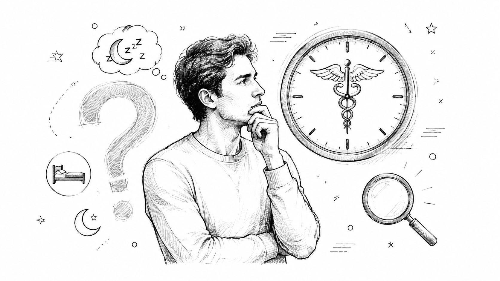 A man thoughtfully contemplating sleep and medical concerns with a question mark and clock background illustration.