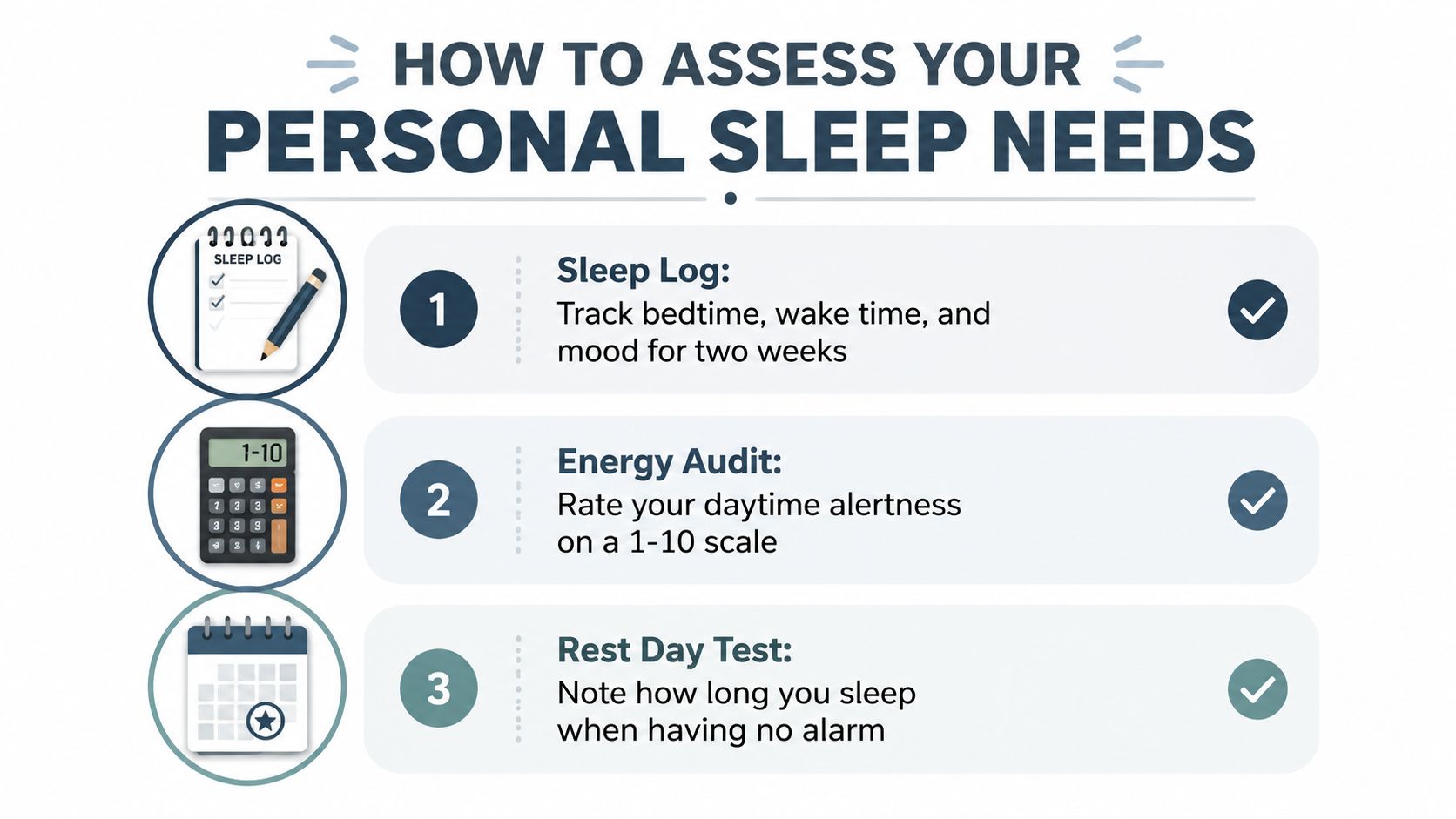 An infographic titled How to Assess Your Personal Sleep Needs, showing three steps to measure sleep requirements.