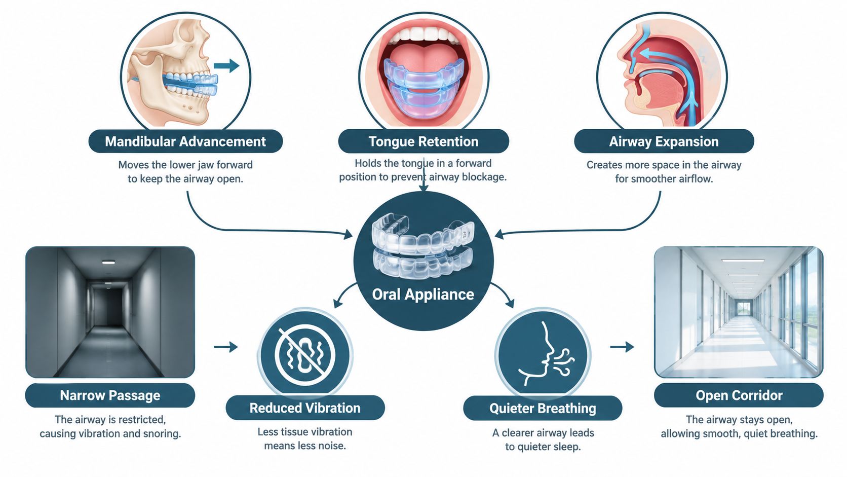 A diagram explaining how oral appliances help reduce snoring by keeping the airway open during sleep.