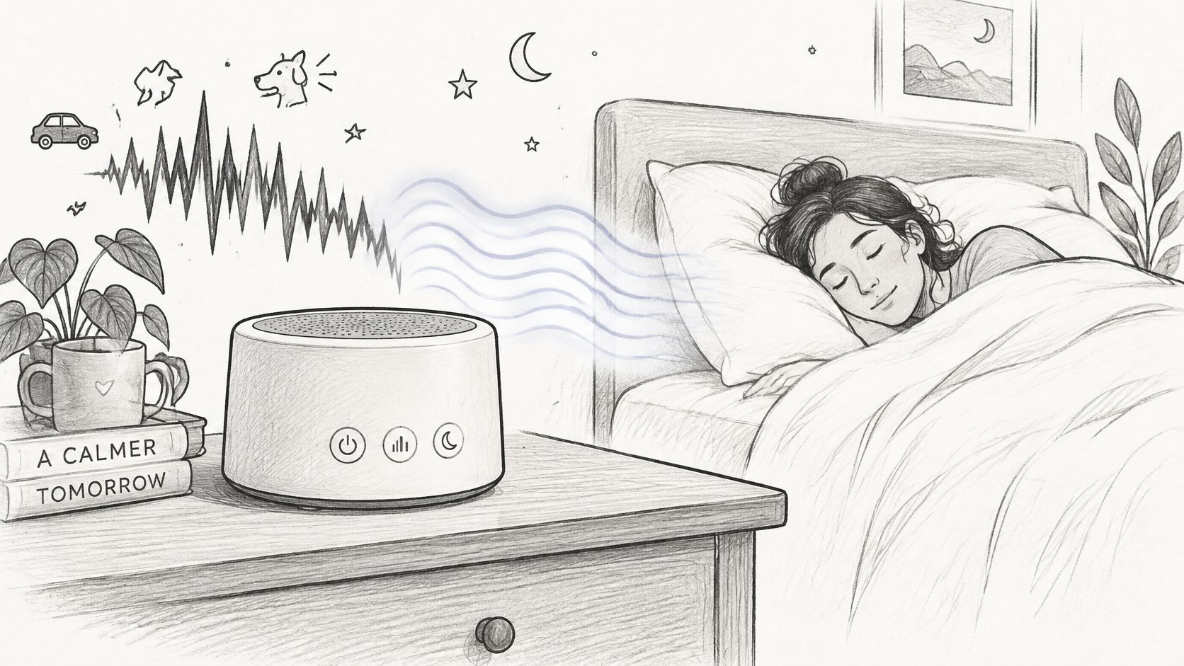 A woman sleeping peacefully while a white noise machine cancels out loud disturbing household and city sounds.