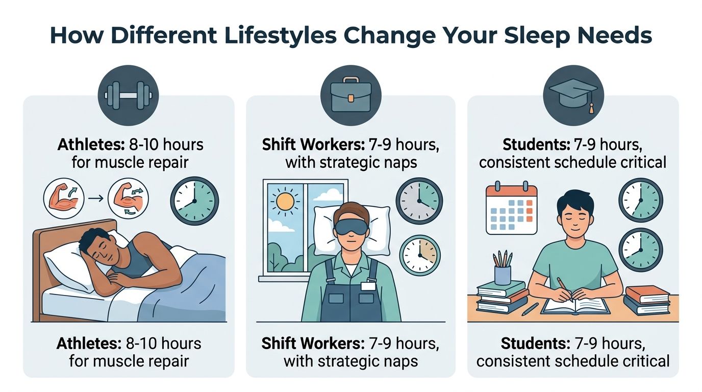 An infographic illustrating recommended sleep durations for athletes, shift workers, and students based on their lifestyles.