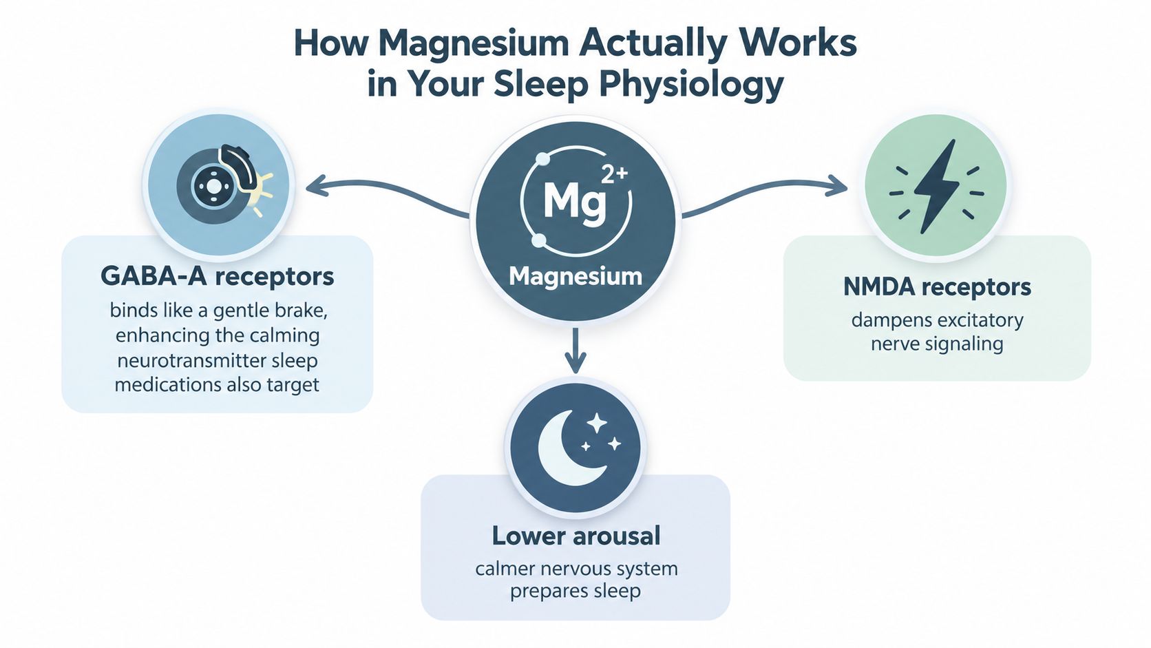 A diagram illustrating how magnesium helps sleep by interacting with GABA-A and NMDA receptors to lower arousal.