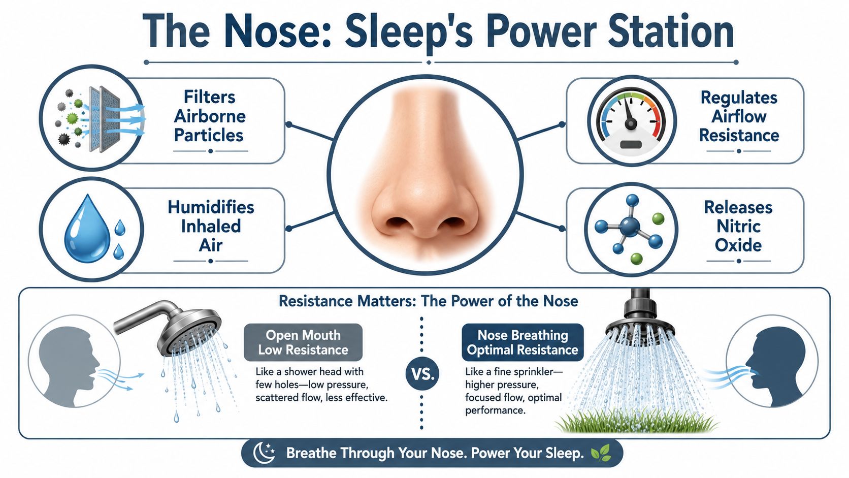 An educational infographic explaining the benefits of nasal breathing compared to mouth breathing for better sleep quality.