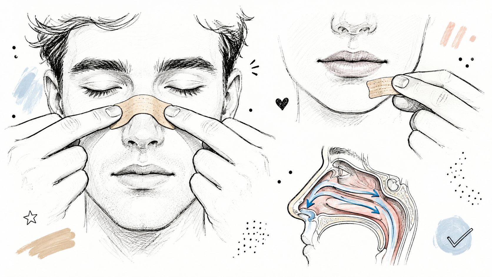 An illustration showing how to apply a nasal strip to improve breathing and reduce mouth breathing.