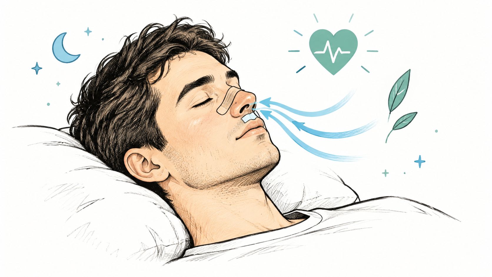 A sleeping man with a nasal strip applied for improved breathing and better sleep hygiene quality.