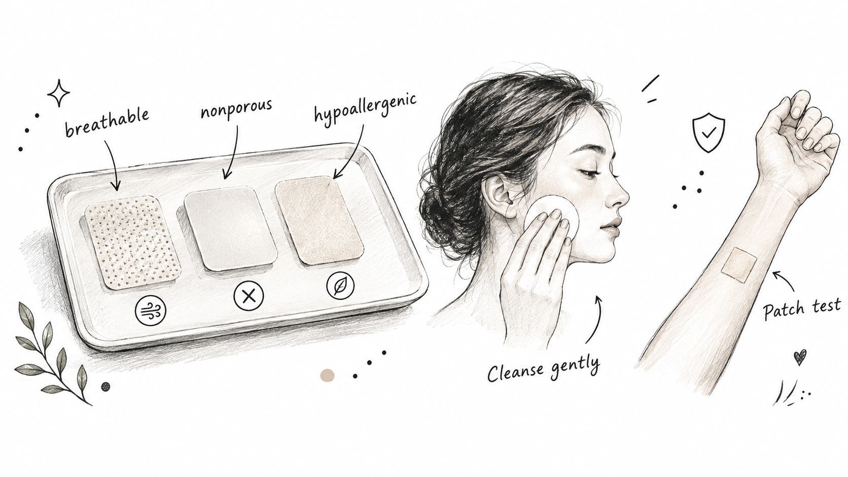 A sketched infographic illustrating skin care preparation steps including patch testing and choosing appropriate adhesive tapes.