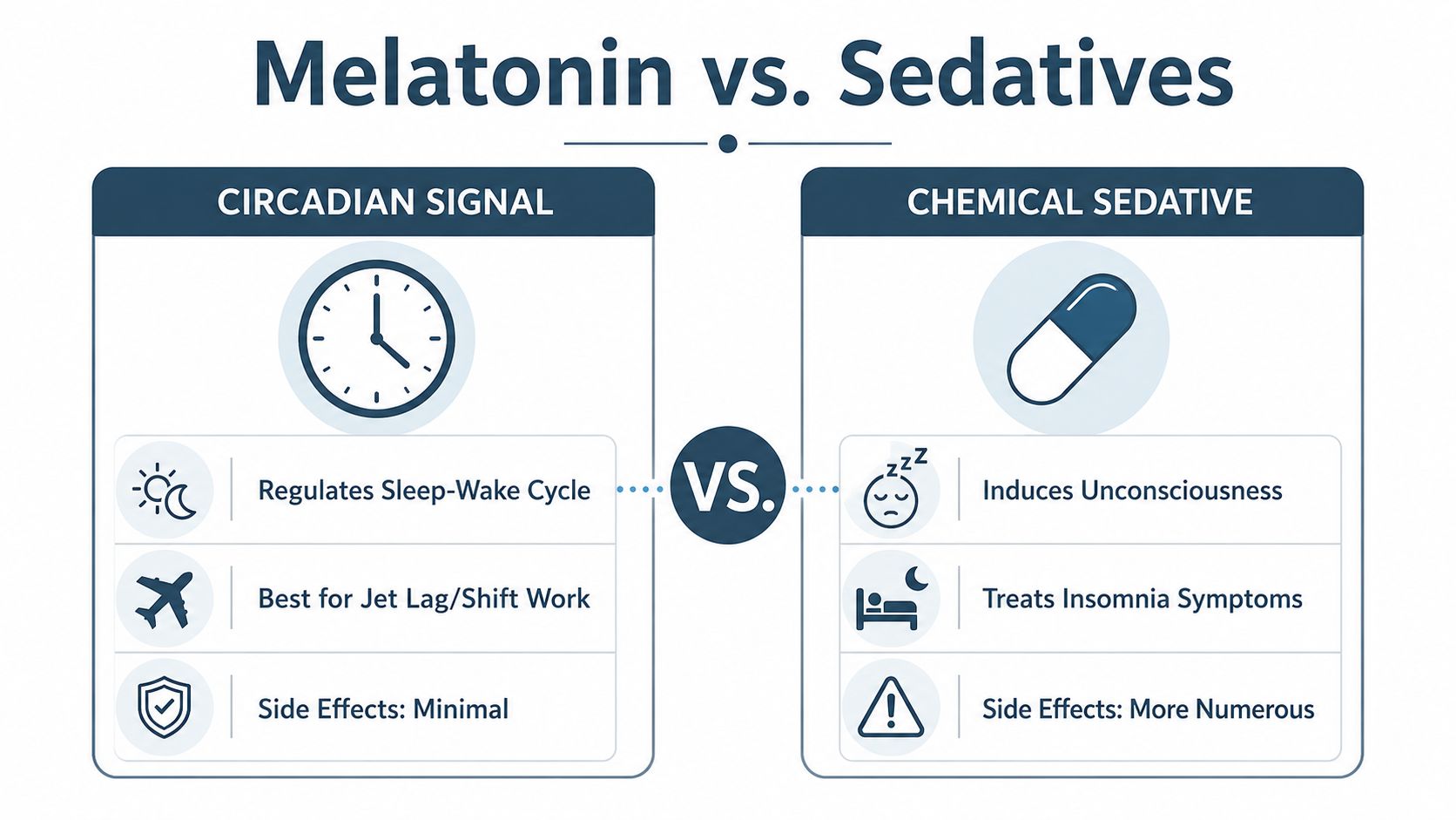 A comparison chart showing differences between Melatonin as a circadian signal and chemical sedatives for sleep.