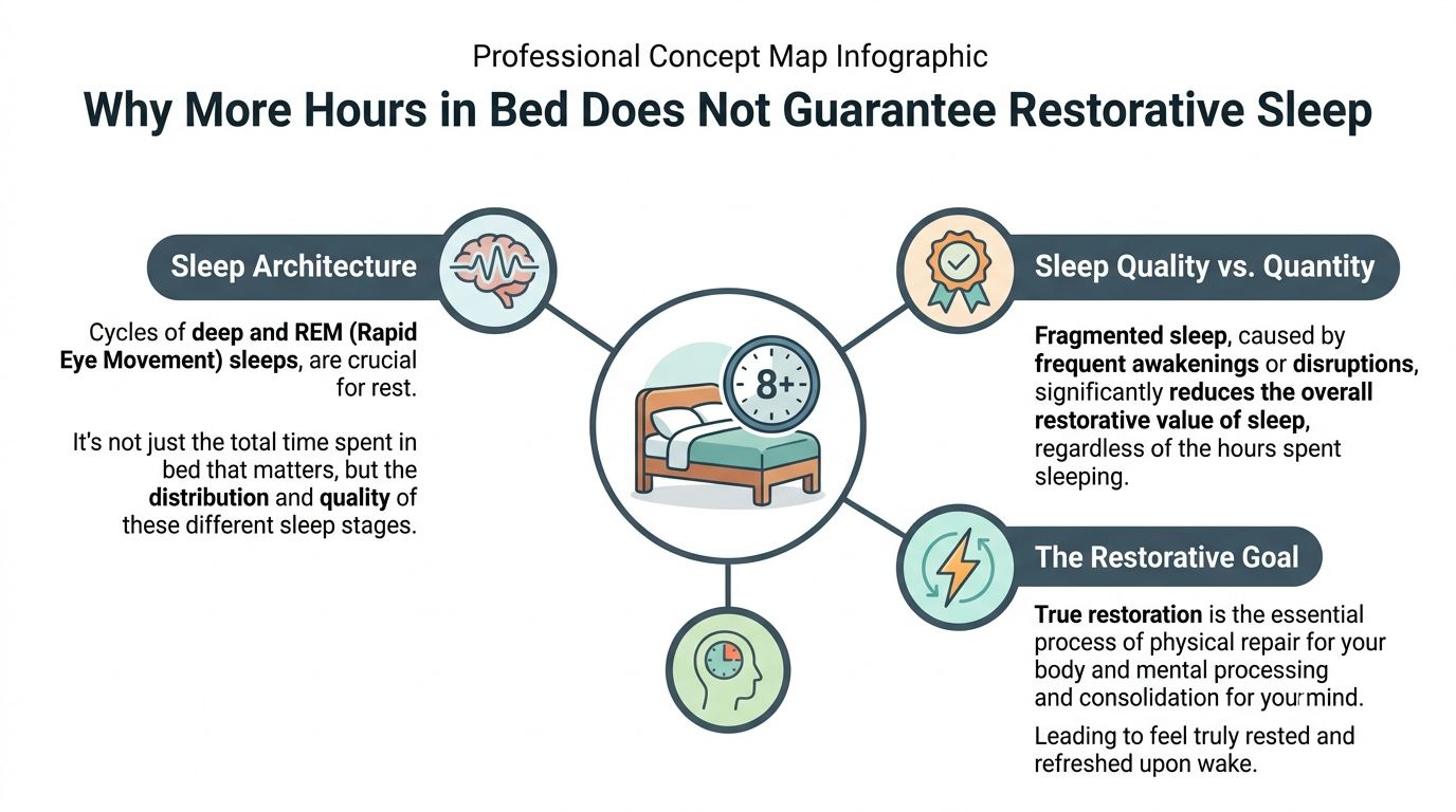 A professional infographic titled Why More Hours in Bed Does Not Guarantee Restorative Sleep explaining sleep architecture.
