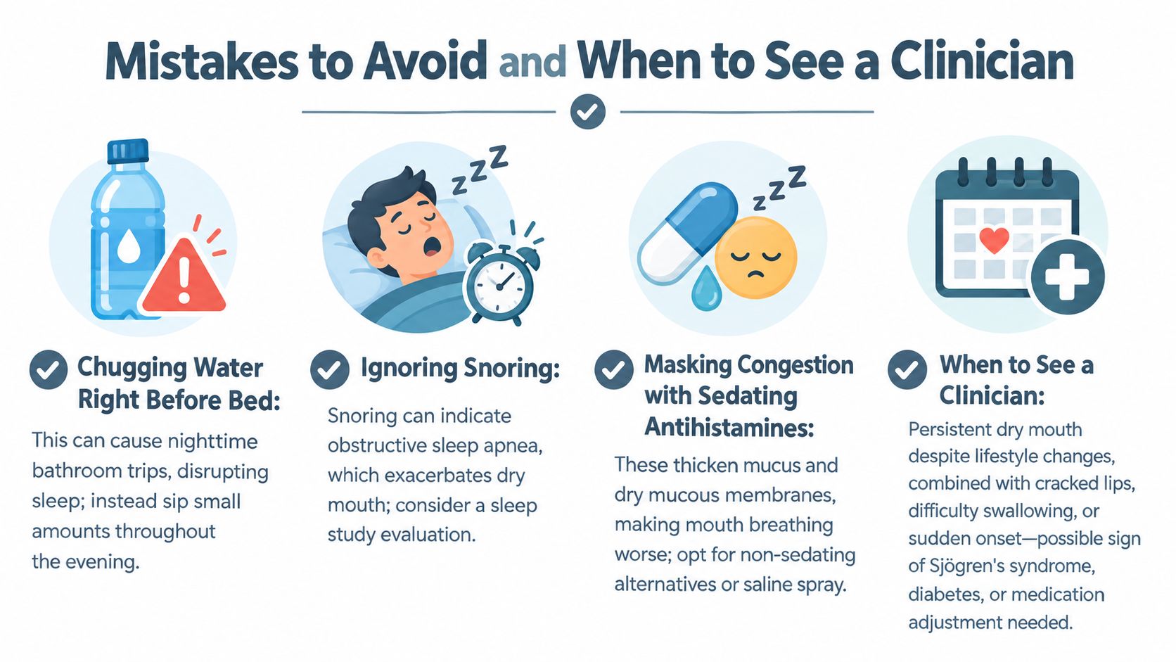 An infographic showing common causes for dry mouth at night and when to see a healthcare professional.