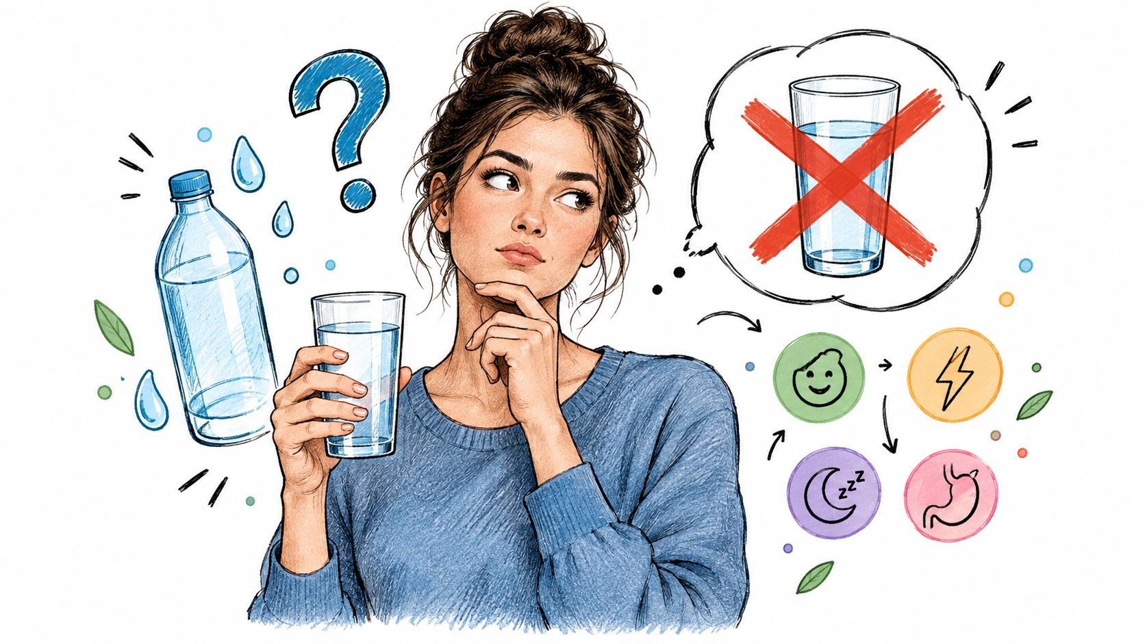 A woman contemplating drinking water while considering the potential effects of hydration on her health and sleep.