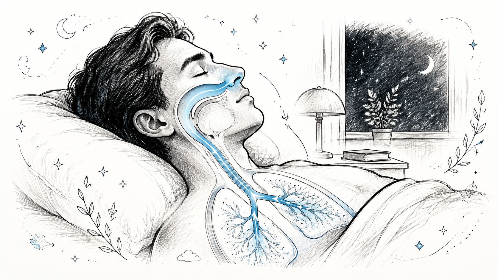 A line drawing of a person sleeping peacefully with an illustration of their healthy airway and lungs.
