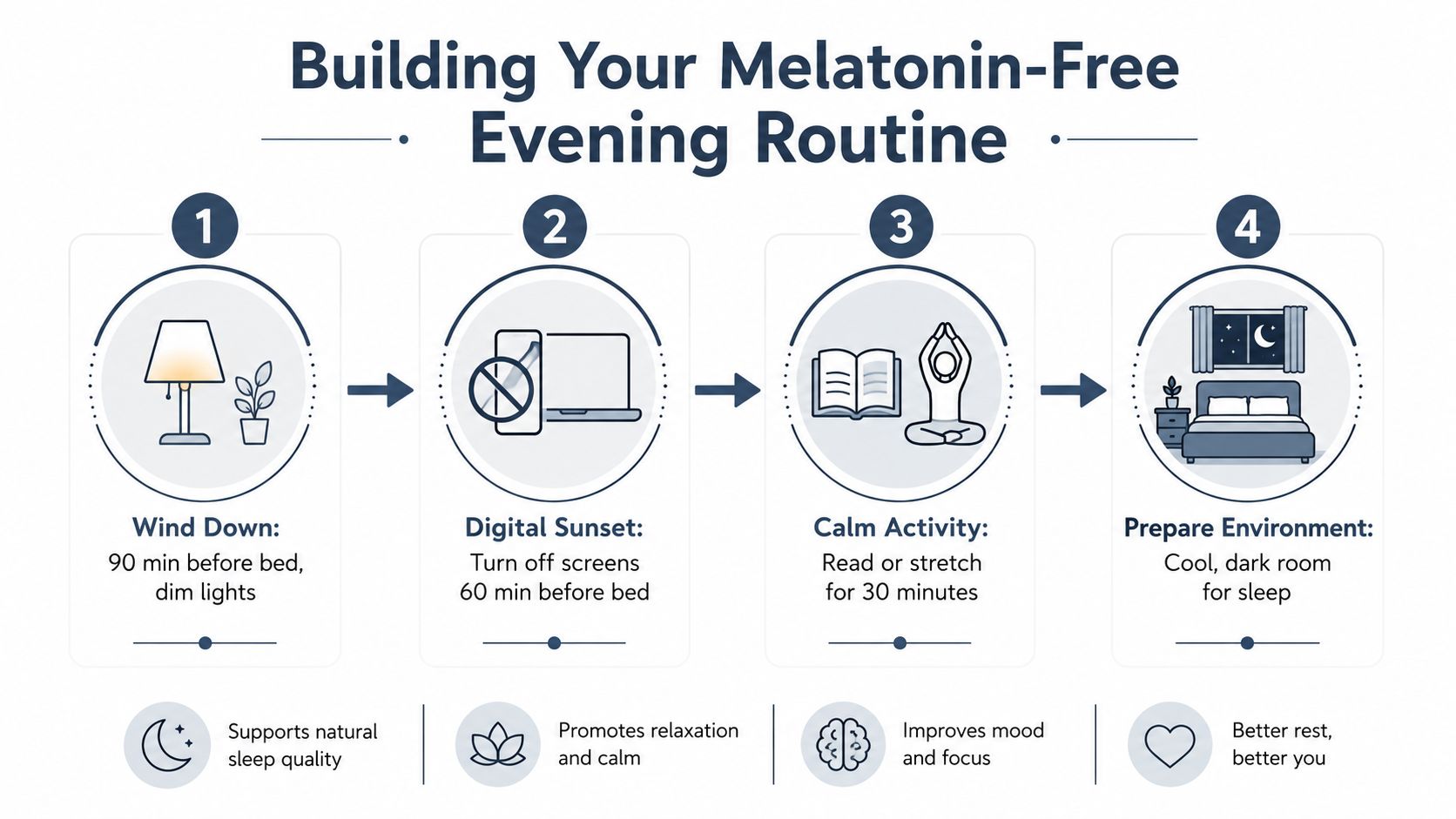 An infographic detailing a four-step evening routine to improve sleep quality without the use of melatonin.
