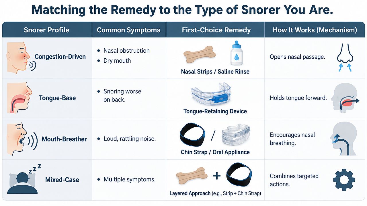 A chart matching different types of snorers to appropriate over-the-counter remedies based on their specific symptoms.