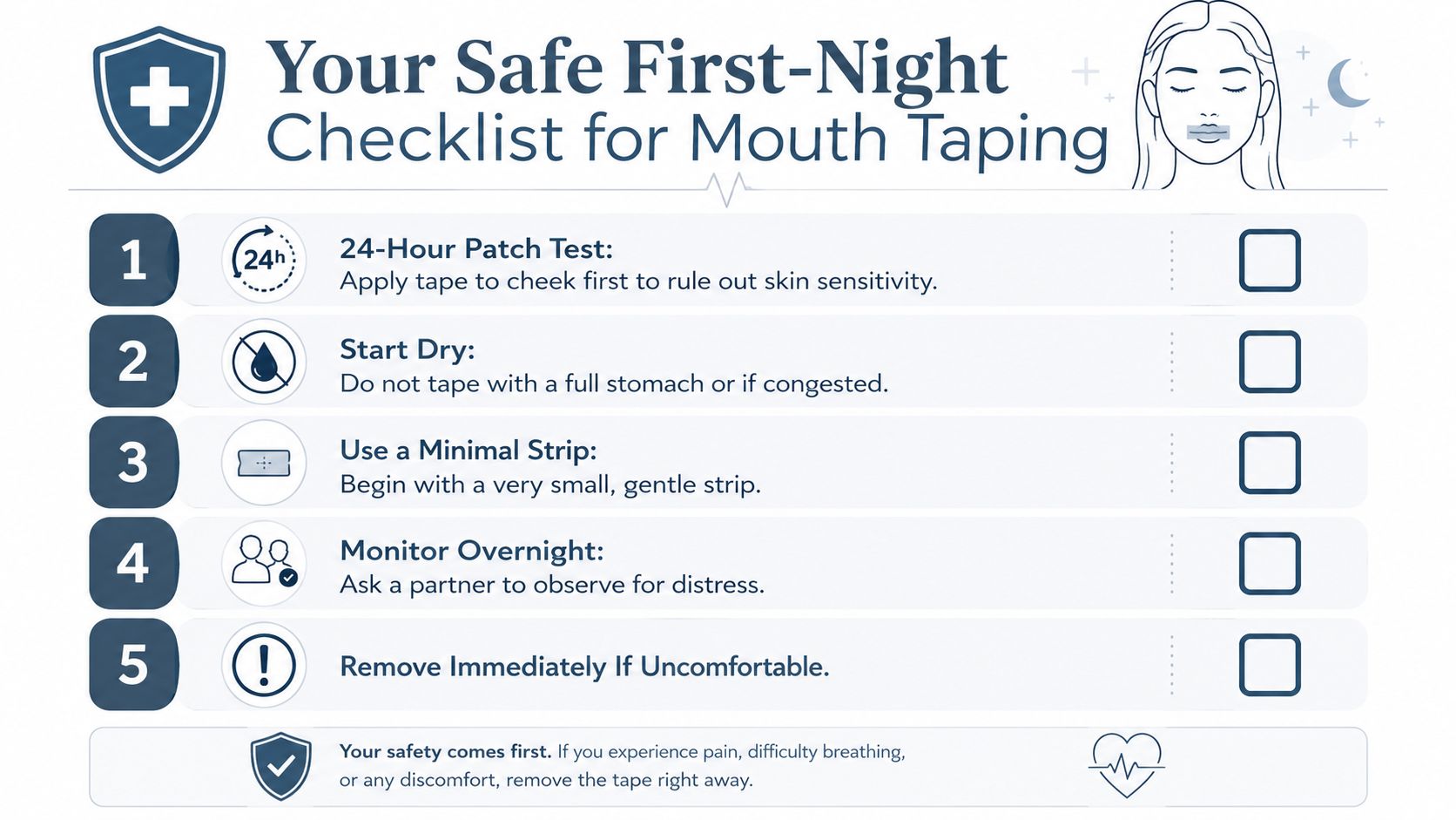 An infographic checklist for safe first-night mouth taping, outlining steps to ensure comfort and safety while sleeping.