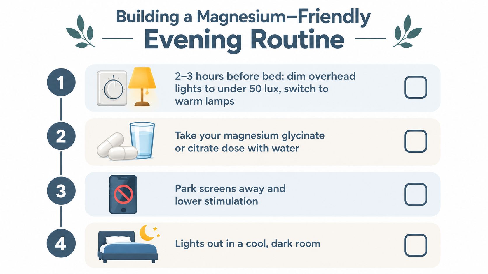 A four-step graphic illustrating a magnesium-friendly evening routine for better sleep hygiene and relaxation.