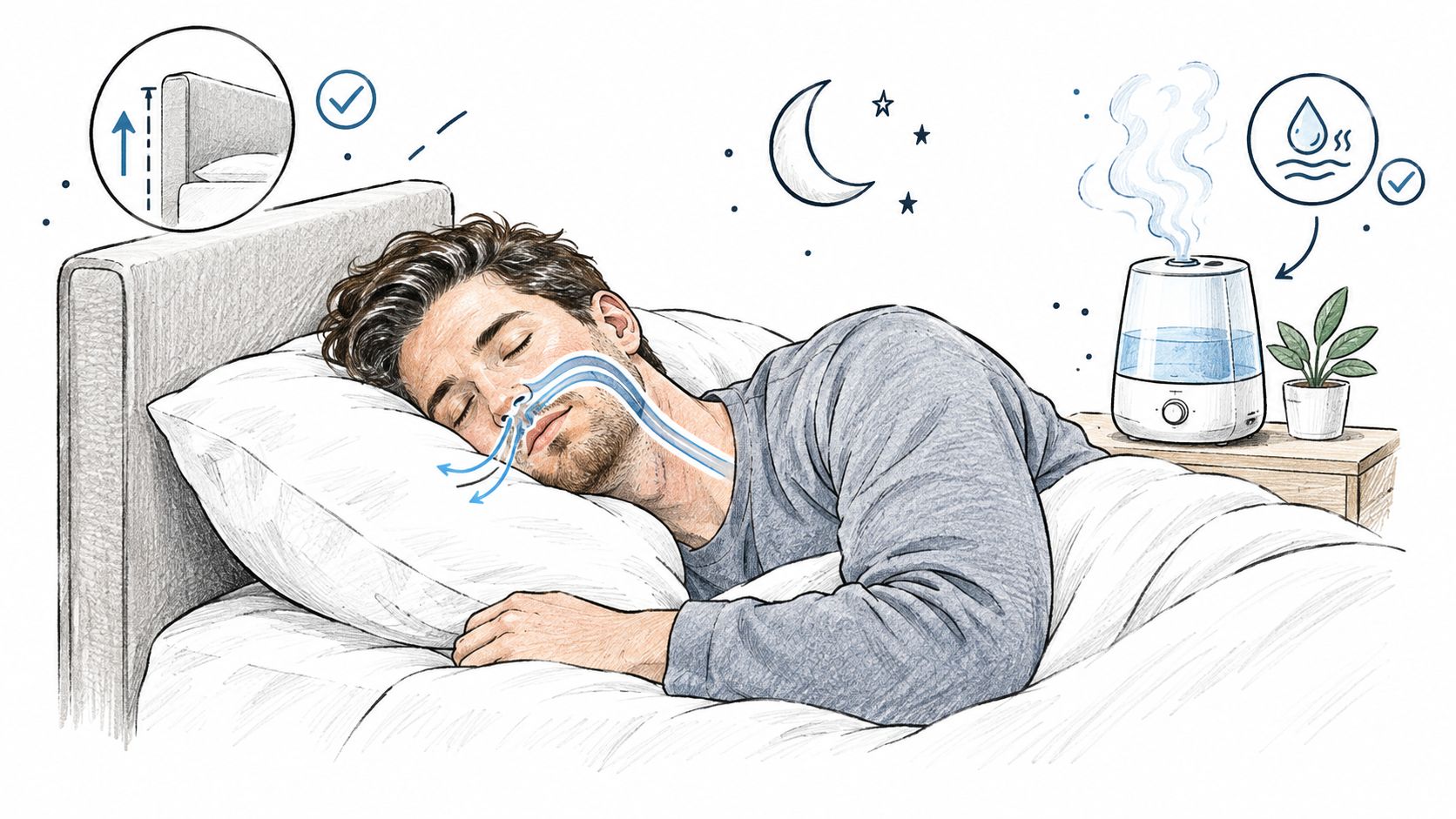 A man sleeping comfortably with an elevated pillow and a humidifier nearby to improve nighttime breathing quality.