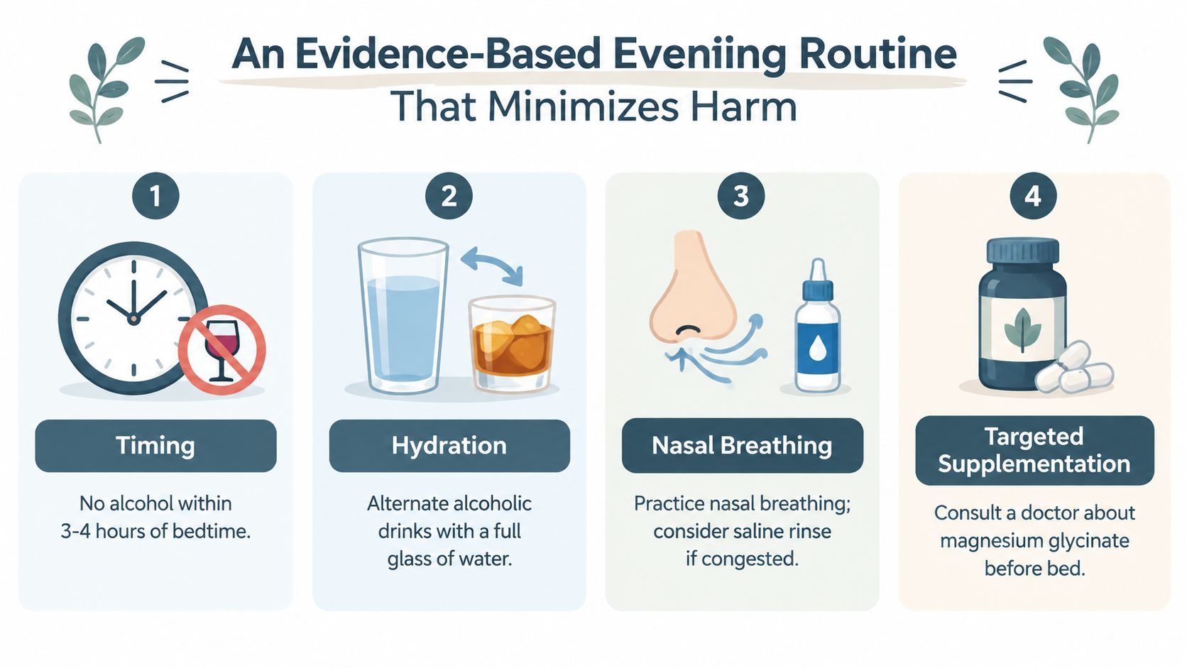 An infographic detailing an evidence-based evening routine to minimize the harmful effects of alcohol on sleep.