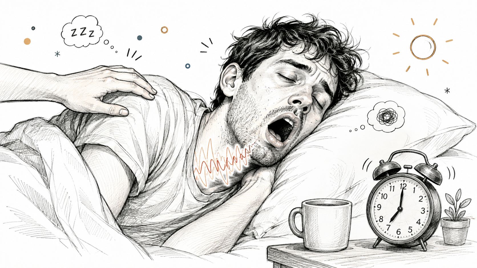 A pencil sketch of a man snoring in bed with a hand on his shoulder and an alarm clock.