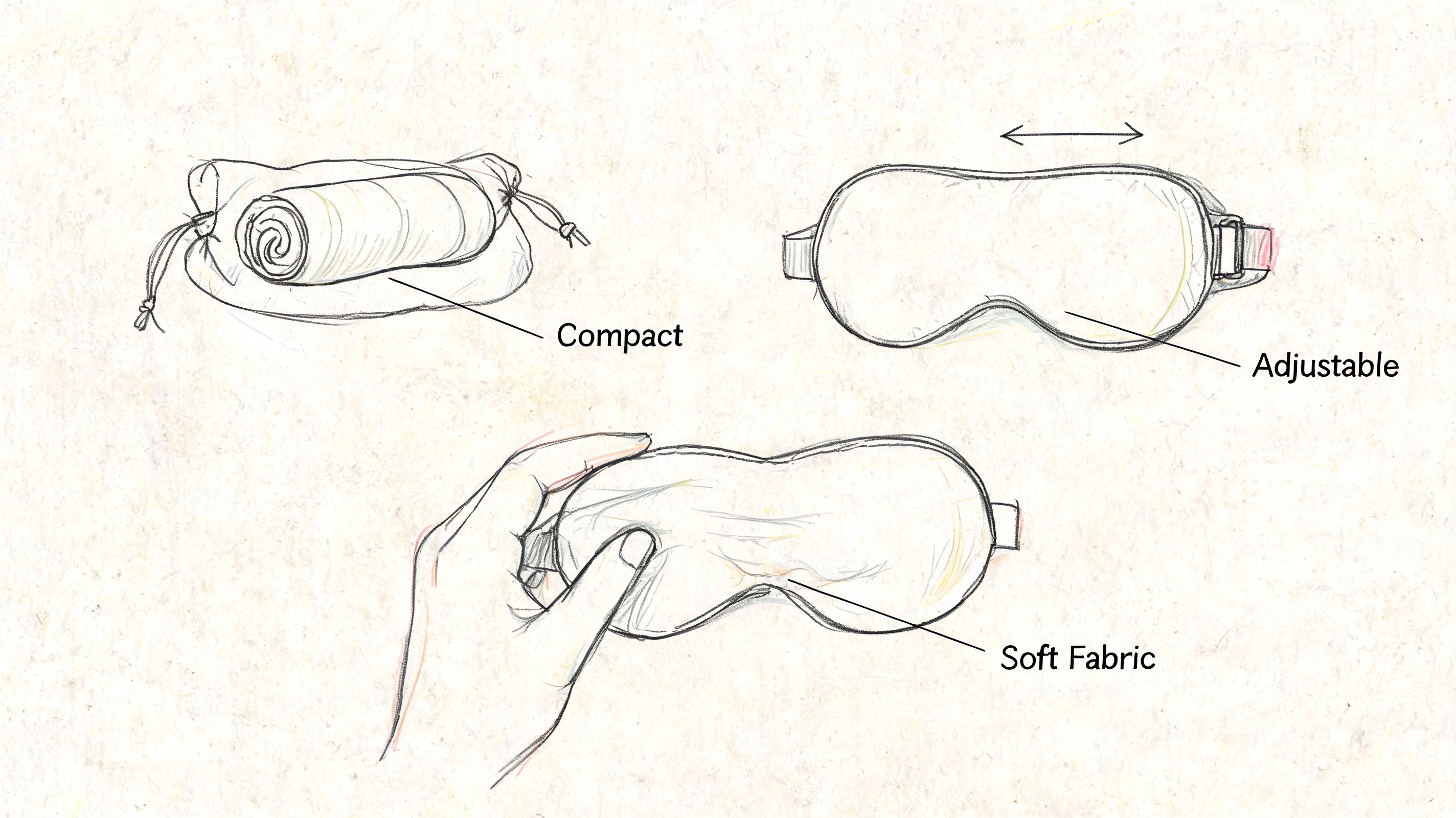 Three hand-drawn sketches showing a compact, adjustable, soft fabric eye mask for comfortable sleep and travel.