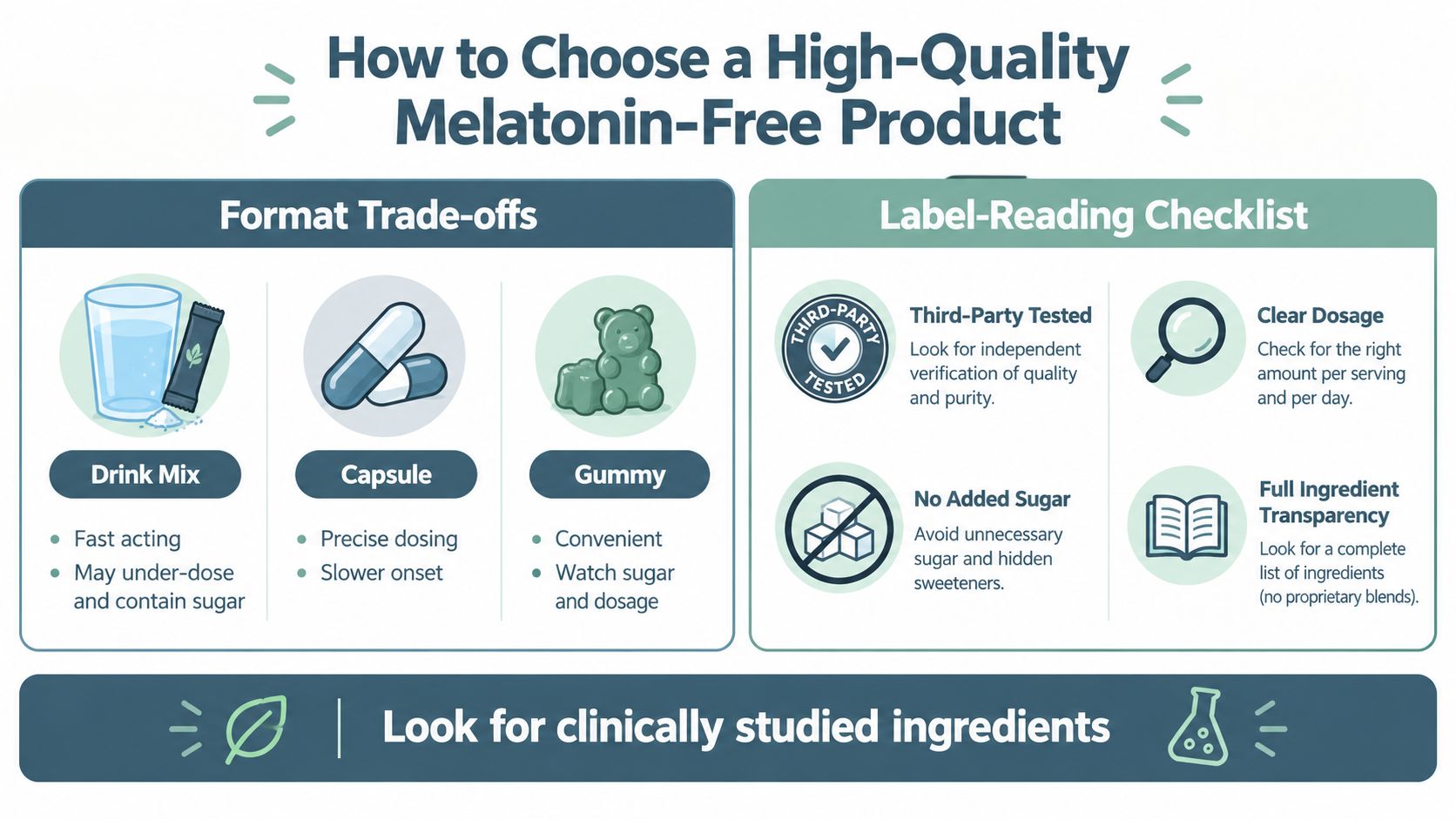 An infographic titled How to Choose a High-Quality Melatonin-Free Product showing supplement formats and a label reading checklist.