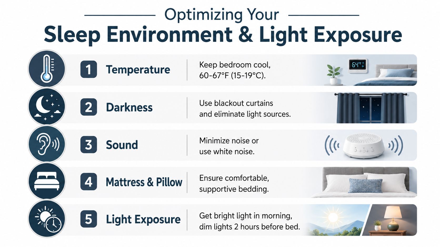 An infographic titled Optimizing Your Sleep Environment, detailing five tips for better sleep including temperature and light.