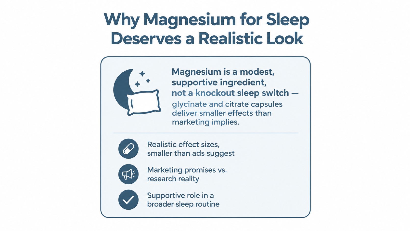 An infographic titled Why Magnesium for Sleep Deserves a Realistic Look, explaining its supportive role in sleep routines.