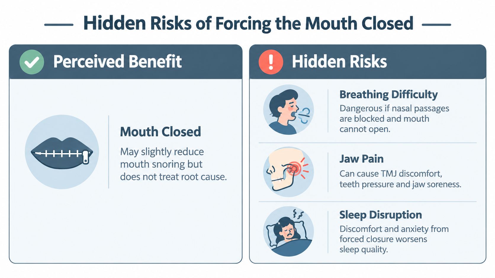 An infographic detailing the potential risks of using chin straps to force the mouth closed during sleep.