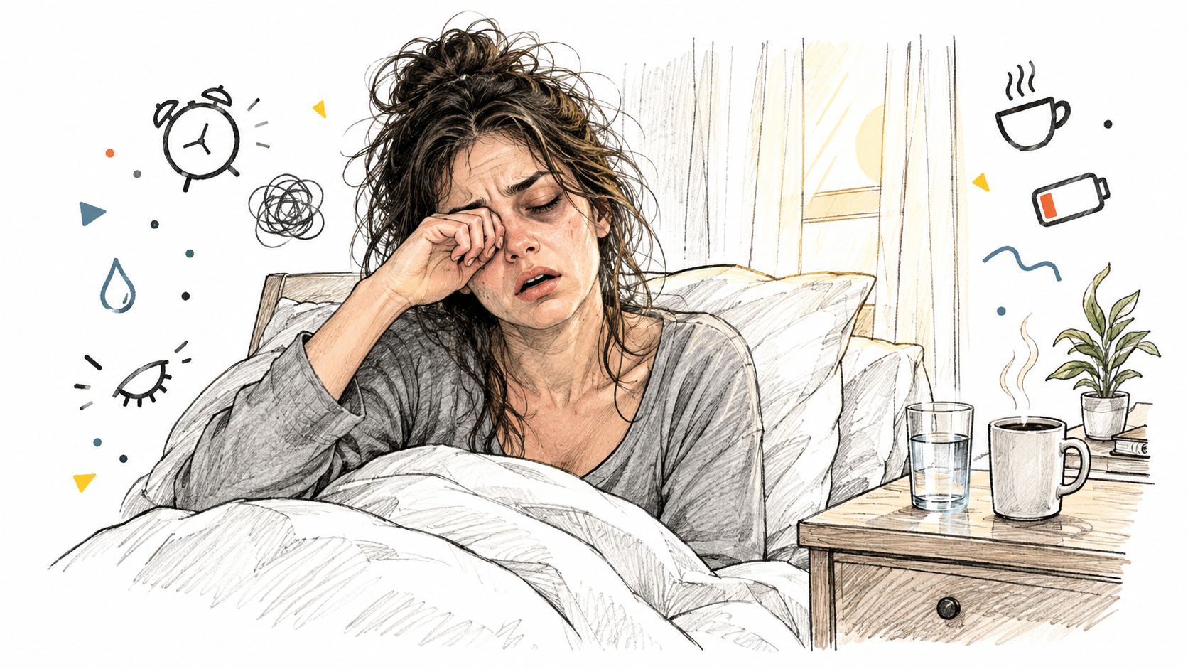 A tired, disheveled woman waking up in bed with icons representing exhaustion and morning fatigue.