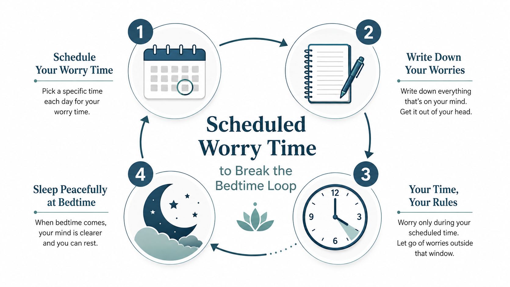 A four-step infographic illustrating a method to manage anxiety by scheduling specific daily worry time.