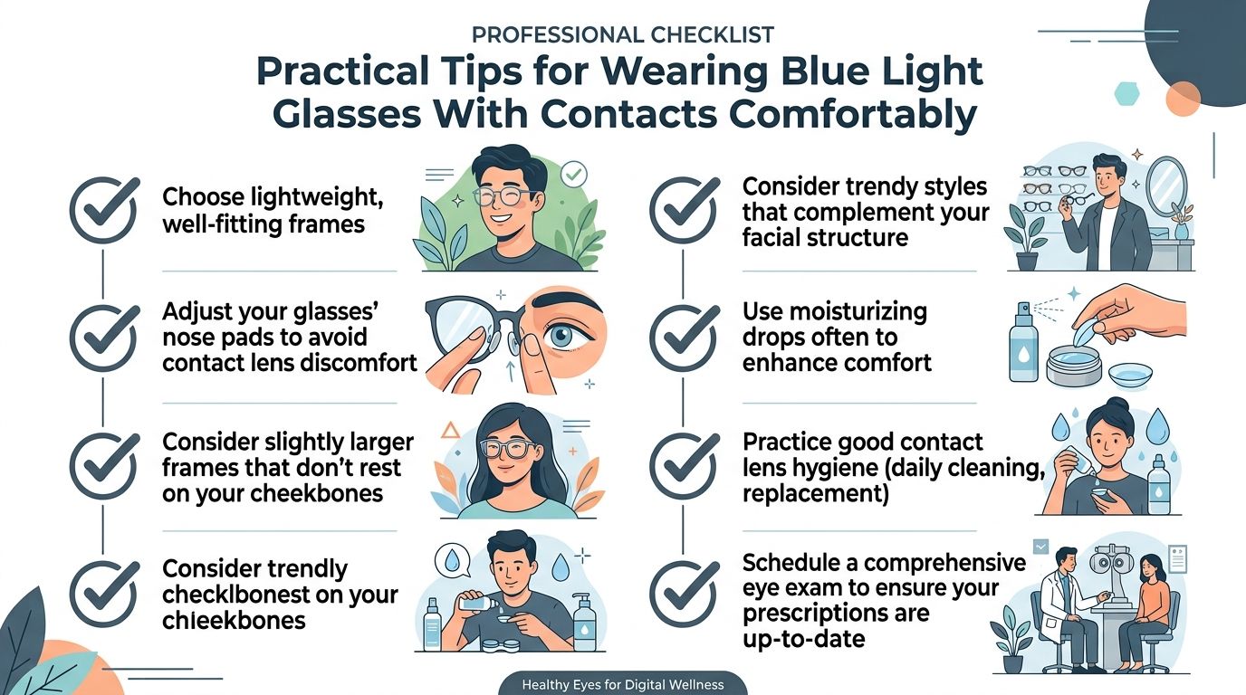 An infographic titled professional checklist for wearing blue light glasses comfortably while using contact lenses.