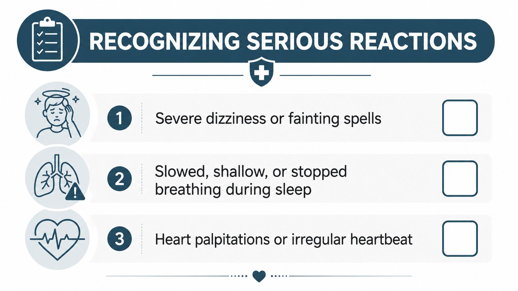 An infographic titled Recognizing Serious Reactions listing signs like fainting, shallow breathing during sleep, and heart palpitations.