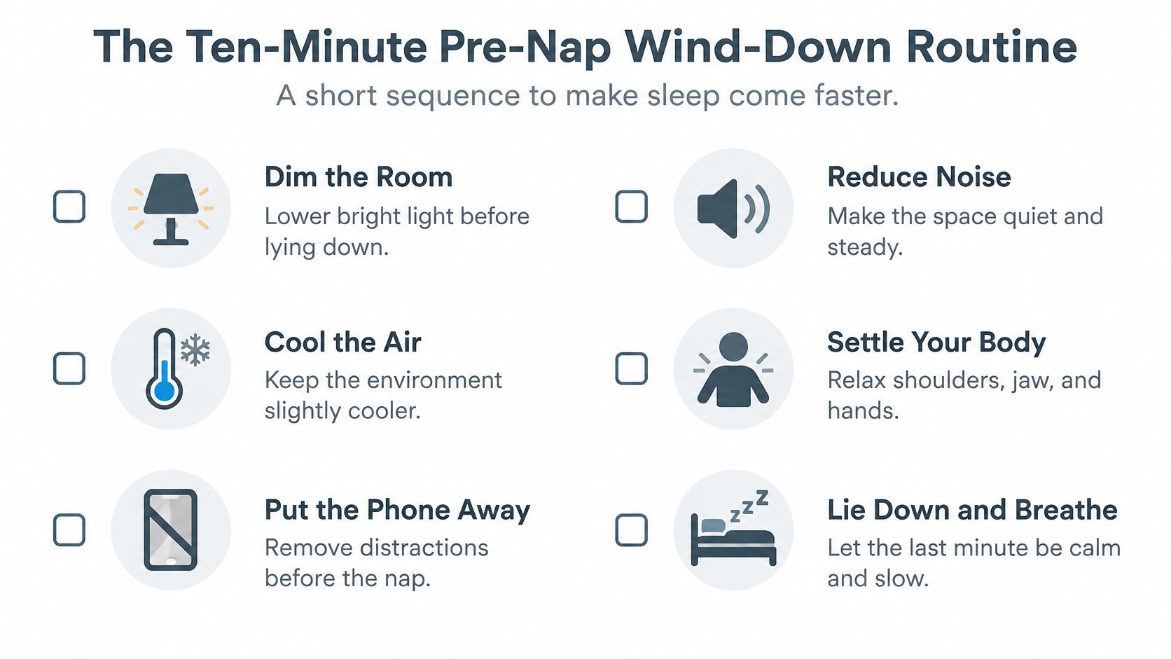 An infographic titled The Ten-Minute Pre-Nap Wind-Down Routine, listing six simple tips for faster napping.