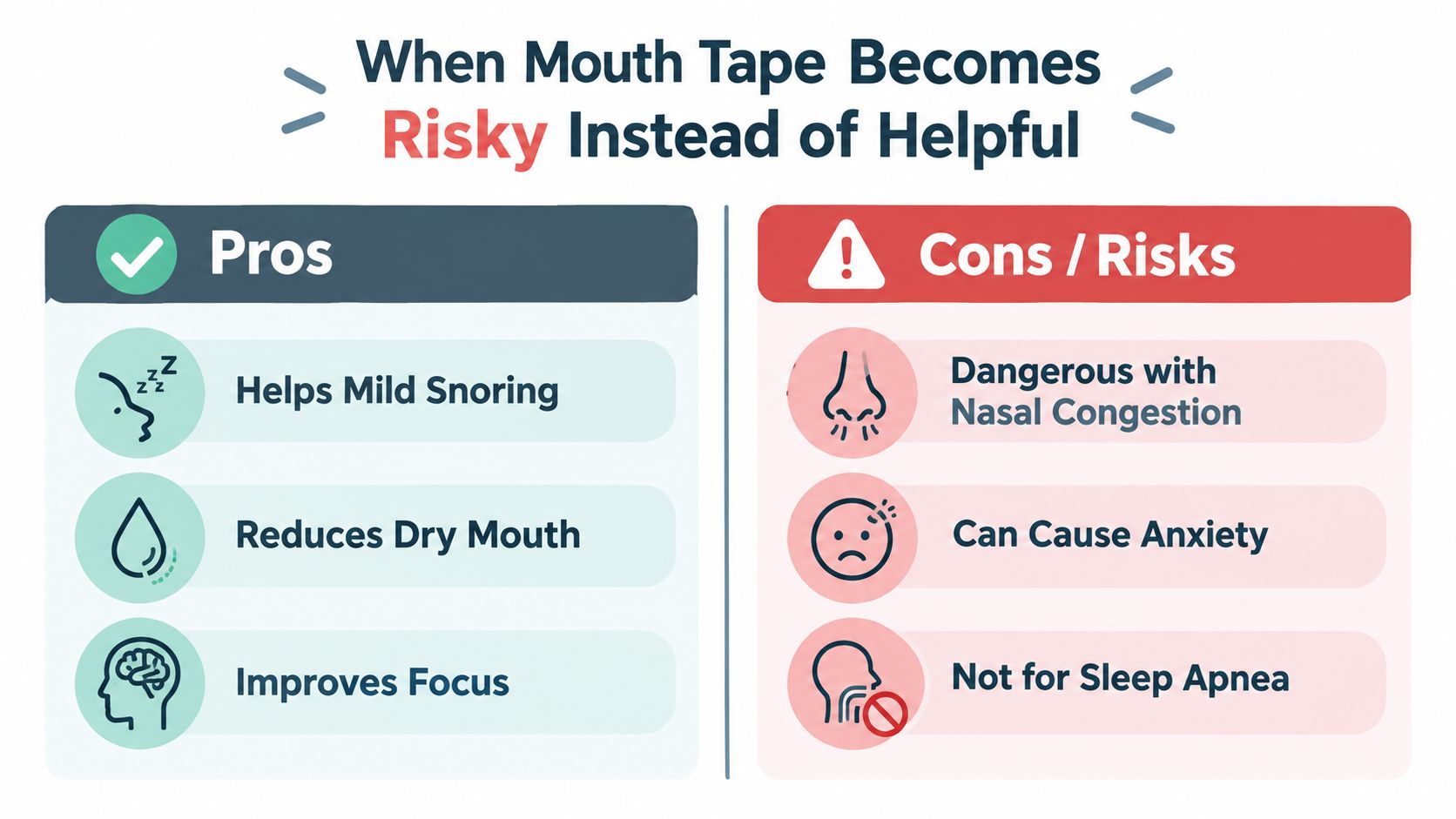 A comparison chart outlining the pros and cons of using mouth tape for sleep improvement.