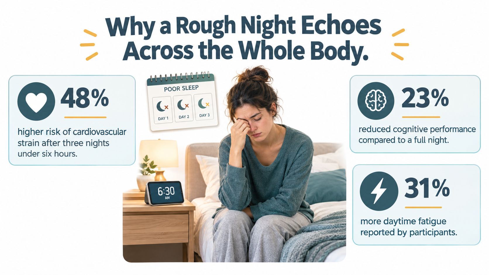An infographic illustrating the negative physical and cognitive effects of sleep deprivation on the human body.