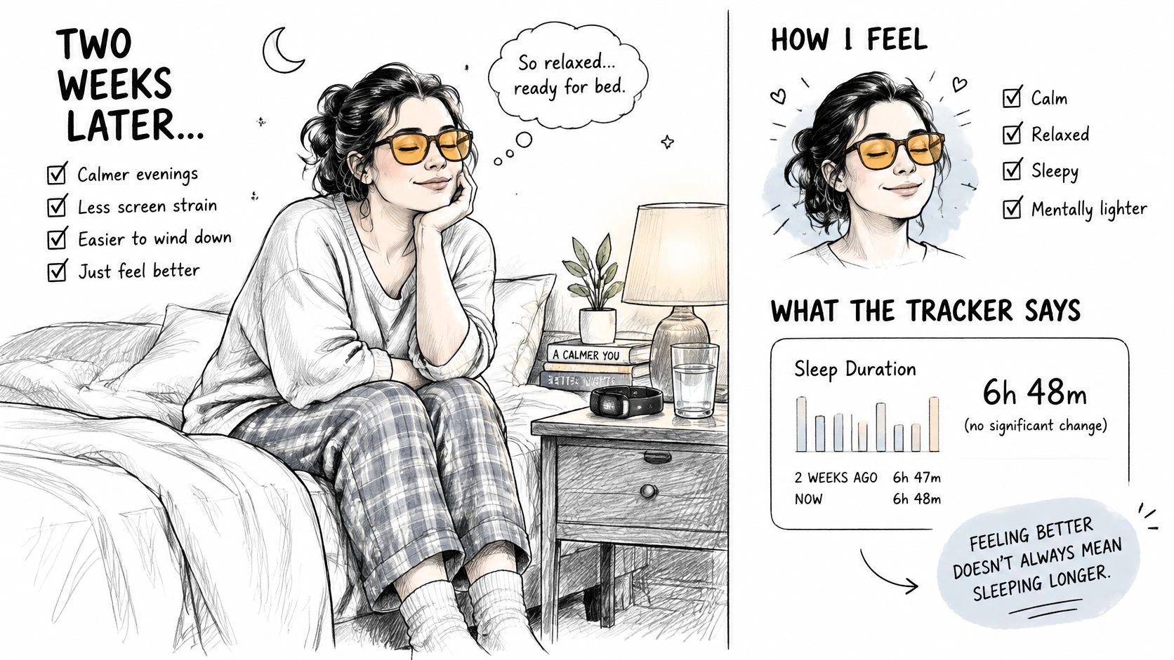 A relaxed woman wearing yellow-tinted blue light glasses in bed, feeling better despite no change in sleep duration.