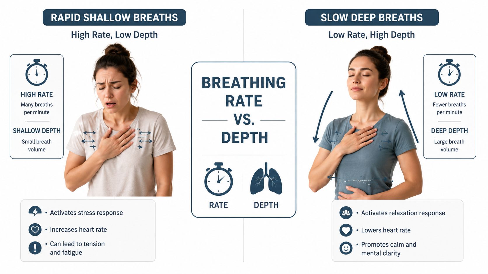 An infographic comparing rapid shallow breathing and slow deep breathing, highlighting their physical and mental effects.