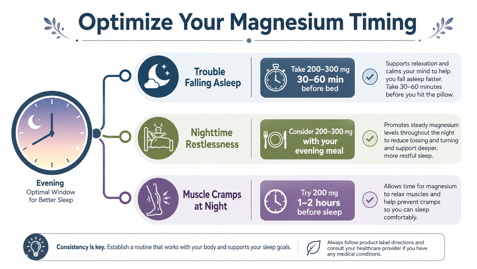 An infographic showing optimal magnesium timing strategies to help with falling asleep, nighttime restlessness, and muscle cramps.