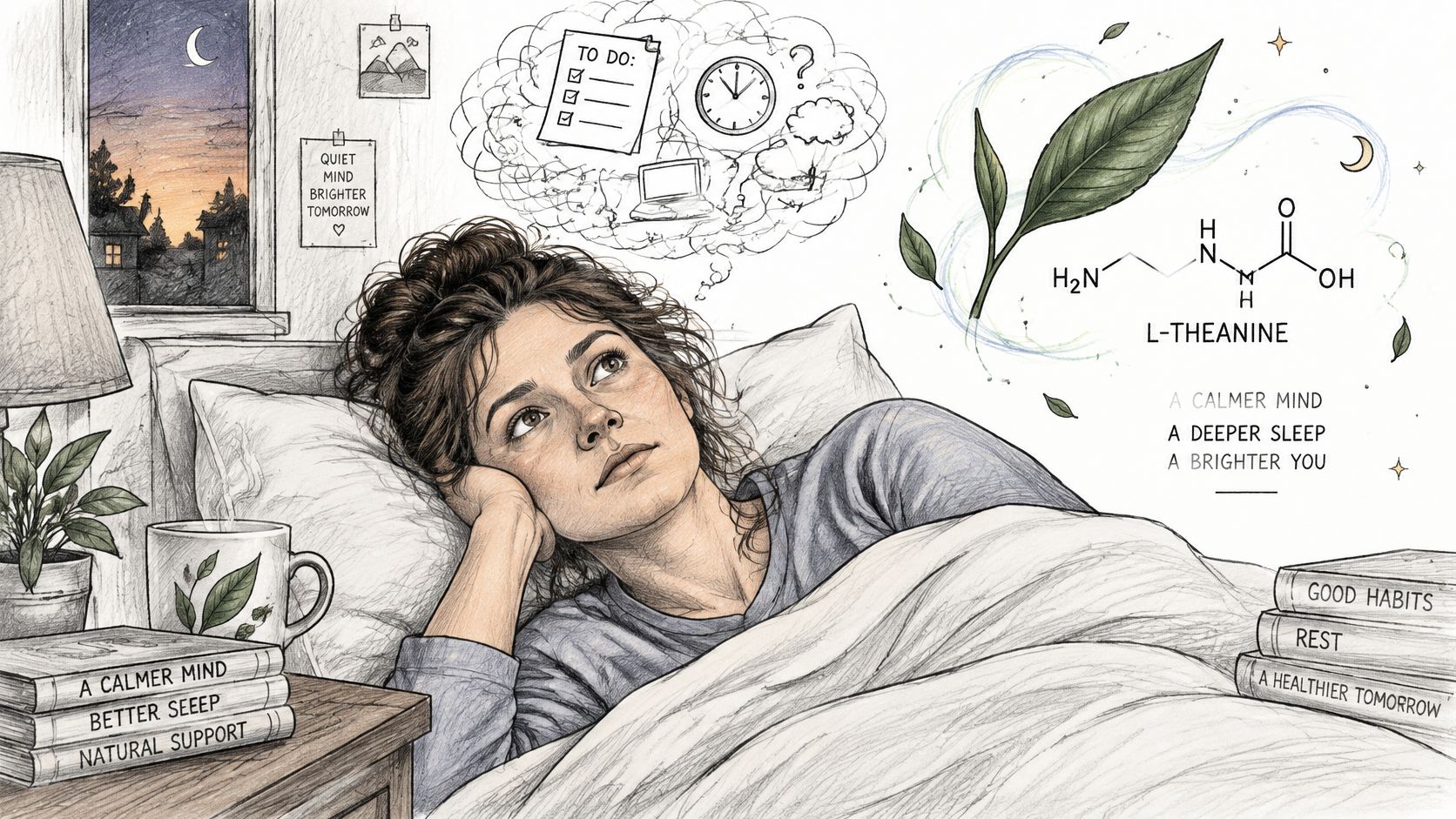 An illustrated woman lying awake in bed at night, highlighting L-Theanine as a natural sleep aid.