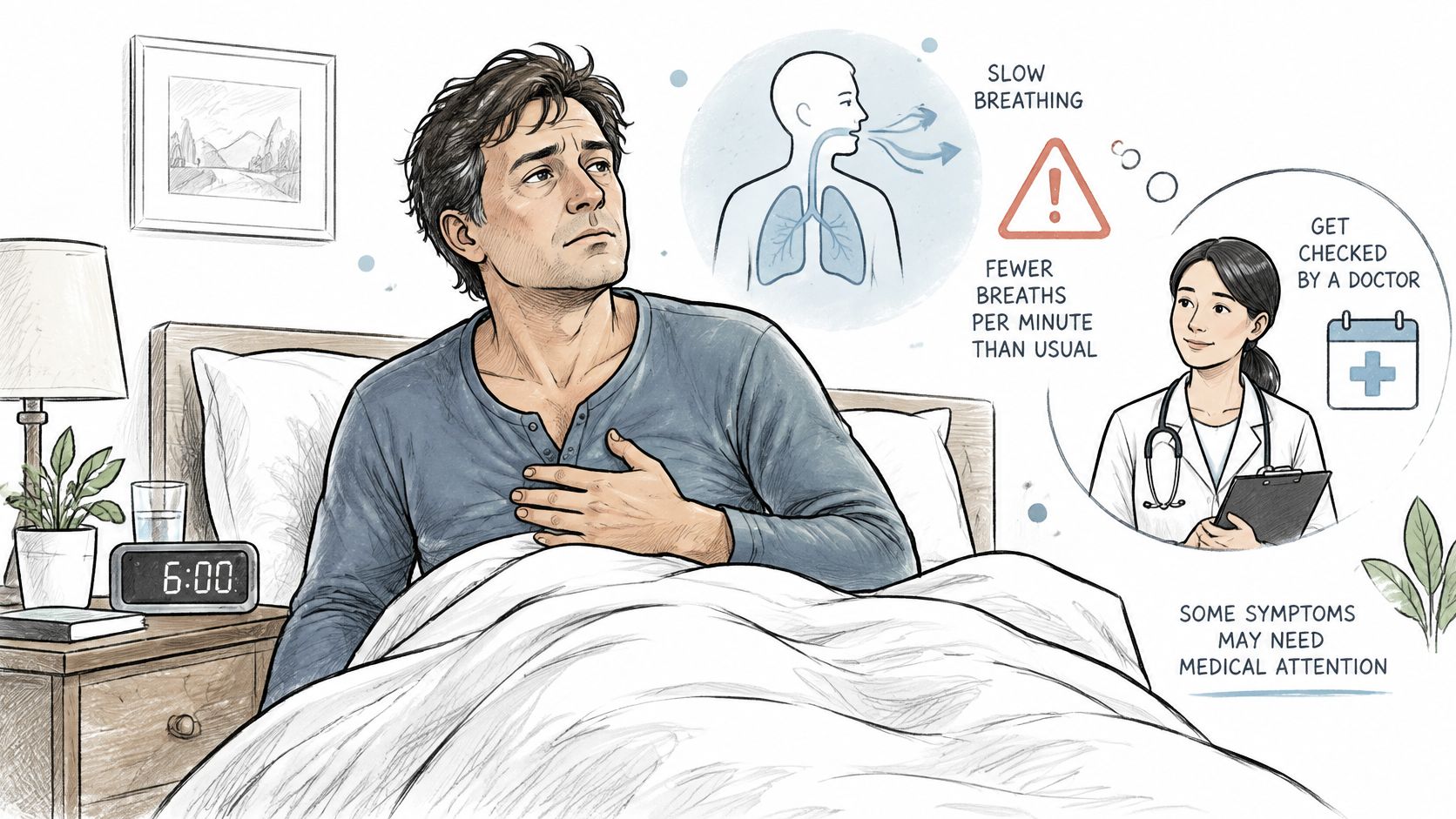 A man in bed feeling concerned about slow breathing, with a doctor recommendation for medical consultation.