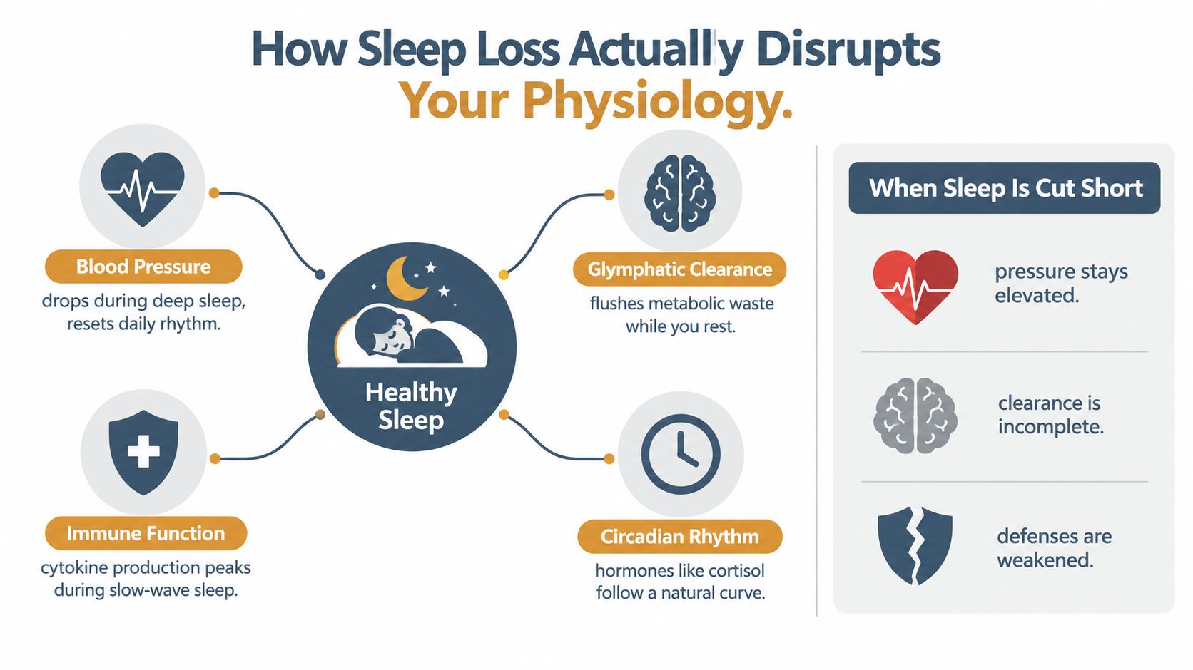 An infographic showing how healthy sleep benefits bodily functions versus how sleep loss negatively disrupts your physiology.
