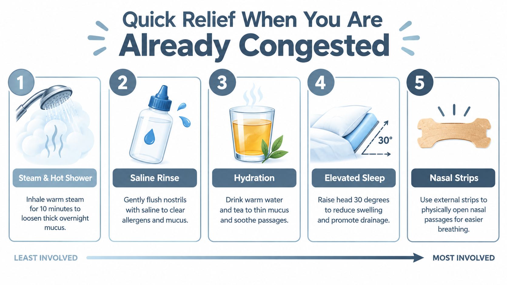 An infographic showing five quick relief tips for morning nasal congestion, including steam, saline rinses, and hydration.