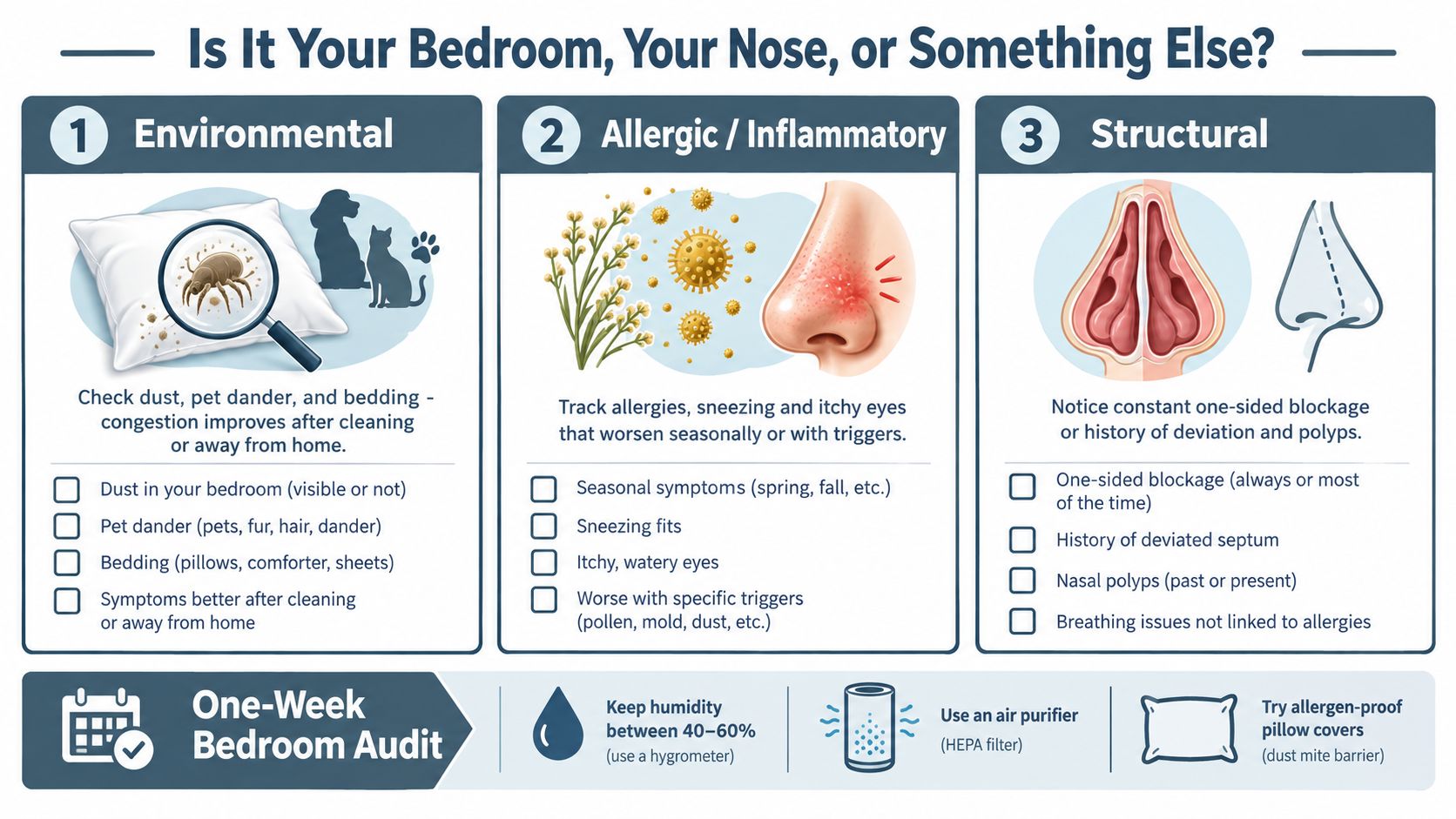 A diagnostic infographic illustrating potential causes of nasal congestion, including environmental factors, allergies, and structural nasal issues.